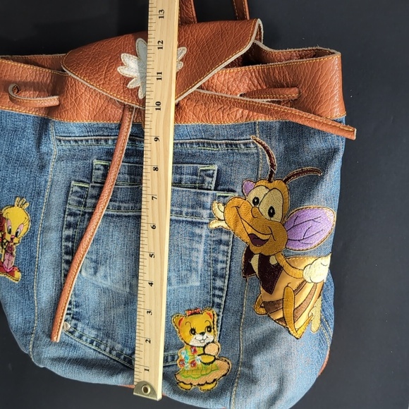 Vintage Jean/Faux Leather Medium Backpack with added Character Patches . - Picture 10 of 12